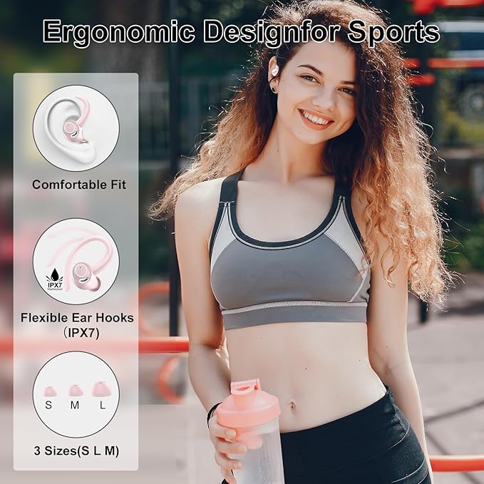 Wireless Earbuds Bluetooth 5.3 Headphones Sports, 48H Over Ear Buds with ENC Mic, Stereo Deep Bass Bluetooth Earbuds with Secure Earhooks, LED Display, IPX7 Waterproof Earphone for Running/Gym Rose