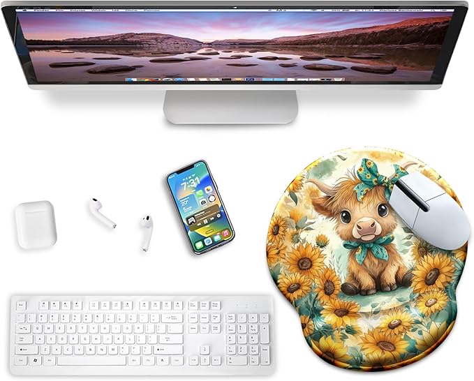 Mouse Pad with Wrist Rest, Highland Cow Sunflower Ergonomic Mousepad Wrist Support for Desk, Cute Bow Animial Gaming Mouse Pads for Wireless Mouse Computer Work Home Desk Accessories Office Supplies
