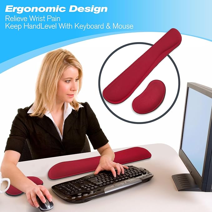 Keyboard Wrist Rest and Mouse Wrist Rest Set - Ergonomic Memory Foam Wrist Cushion - for Wrist Support on Computer, Laptop, Office, Playing Games, Typing Relieves Wrist Pain Red