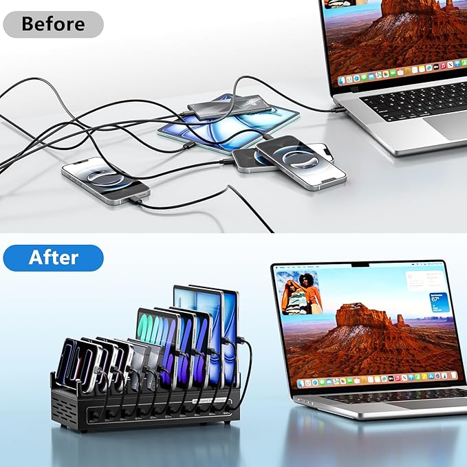 200W USB Charging Station for Multiple Devices, 10 Ports USB Fast Charger Station,Desktop Multi Charging Station Hub Compatible with Samsung/iPhone/iPad/Google Pixel/Tablets and Other USB Electronics