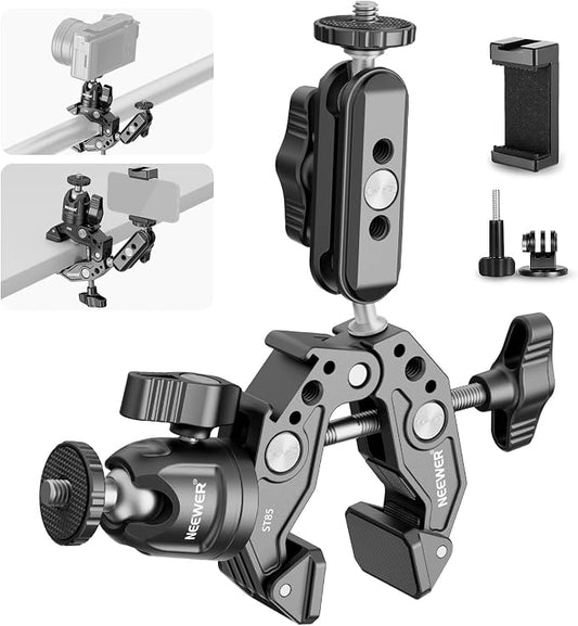 NEEWER Super Clamp with 3" Dual Ballhead Magic Arm, Ball Head Adapter, Cold Shoe, Phone Holder, Action Camera Clamp Mount for Flat/Round Surface Compatible with GoPro DJI iPhone 15 Pro Max, ST85 by Neewer