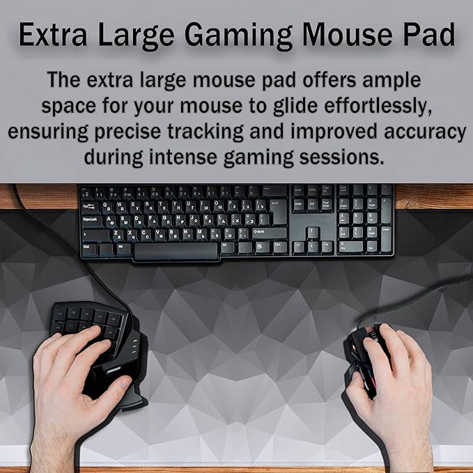 Computer Desk Mat XXL Mousepad Big Mouse Pad Gaming Desk Mats Office Pad Non-Slip Rubber Base Waterproof with Stitched Edges 35.4 X 15.7 for Game Office, White Grey Geometric