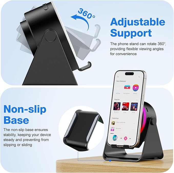 TARKARI Wireless Induction Speaker, 5 in 1 Bluetooth Speaker, 360° Rotation Cell Phone Stand with Ambient Light Compatible with iPhone iPad Android Tablet, Birthday Gifts for Women Men Him