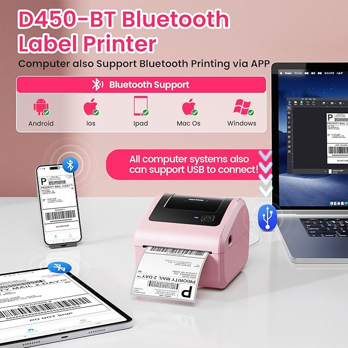 Bluetooth Shipping Label Printer with 3 Roll Labels, D450BT Pink Thermal Label Printer 4x6 for Small Business, Thermal Printers Come with 750PCS 4x6‬ White Labels (250 Labels/Roll)