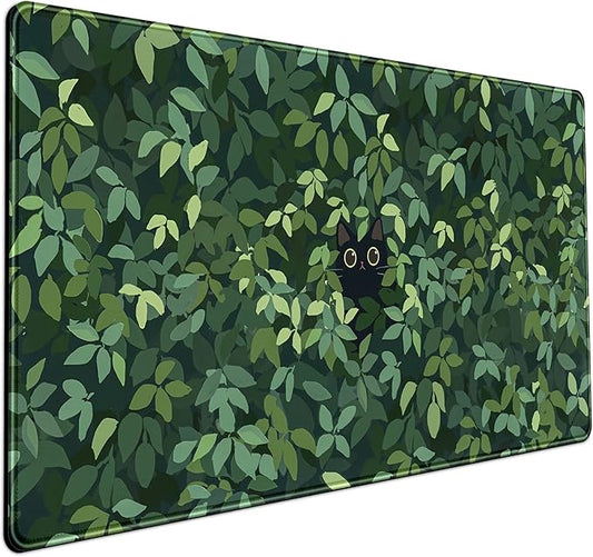 Cute Cat Kawaii Green Desk Mat - Large Gaming Mouse Pad & Keyboard Laptop Mat - Anime XL (31.5x15.7 in) - Non-Slip Base, Stitched Edges