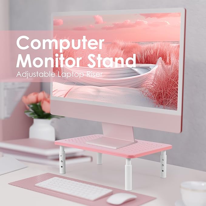 LOTEYIKE Monitor Riser Desktop Stand, Flat Screen TV Monitor Stand Riser, Sturdy Metal Laptop Computer Monitor Stand Shelf for Printer, iMac, 3 Height Adjustable PC Stand with Mesh Platform