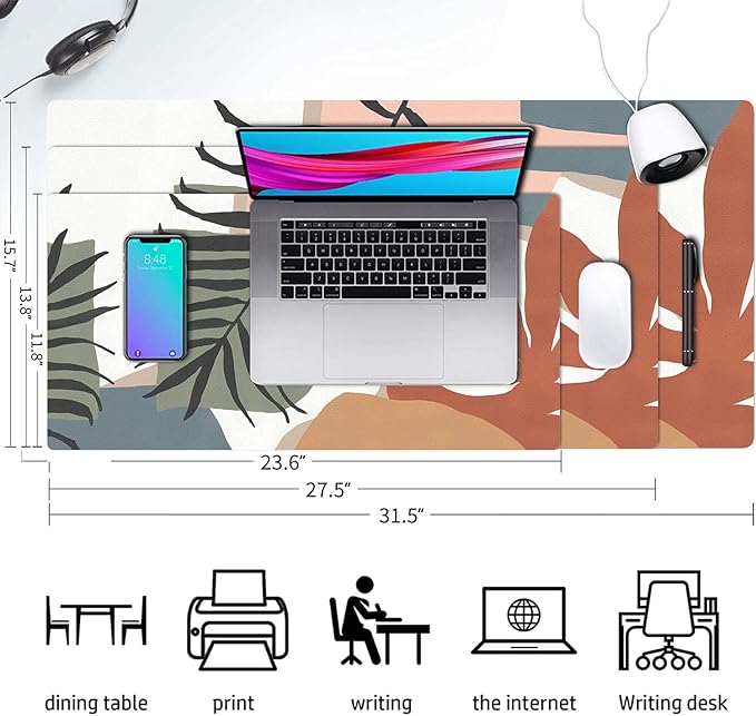 Desk Mat Large Protector Pad 31.5" ×15.7", Non-Slip PU Leather Desk Blotter, Waterproof Mouse Pad for Office Home Abstract Leaf