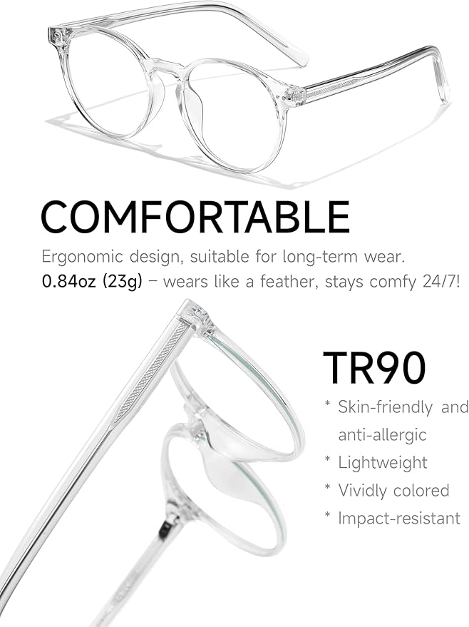 Round Blue Light Blocking Glasses Lightweight Chic Frame Anti Eye Strain Protection Computer Gaming for Women and Men