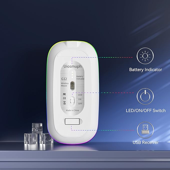Uiosmuph LED Wireless Mouse, G12 Slim Rechargeable Silent Mouse, 2.4G Portable USB Optical Wireless Computer Mice with USB Receiver and Type C Adapter (Silver)
