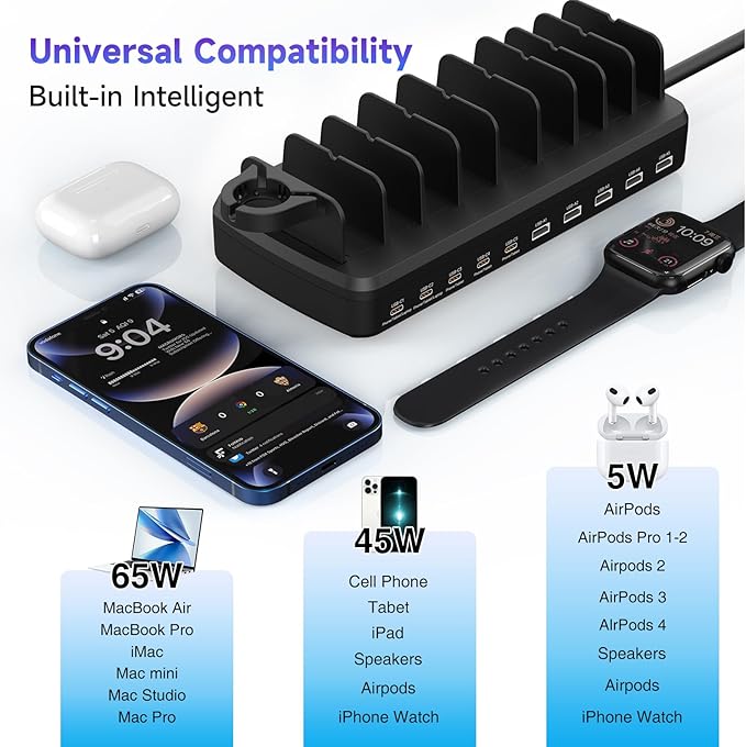 320W Charging Station for Multiple Devices, 10 Ports Fast Multi-Device Charger Organizer Compatible with MacBook Pro Laptop, iPhone, Android, Ipad, Tablet, Kindle, Multi-Device Charging Dock（Black）