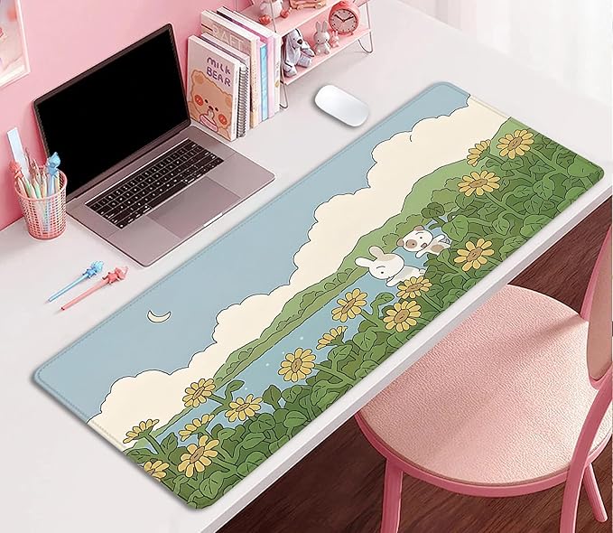 Sunflower Cute Anime Desktop Mat, Desk Mat for Keyboard and Mouse, Gaming Mat for Computer Office Home Work (27.5X11.8 in)