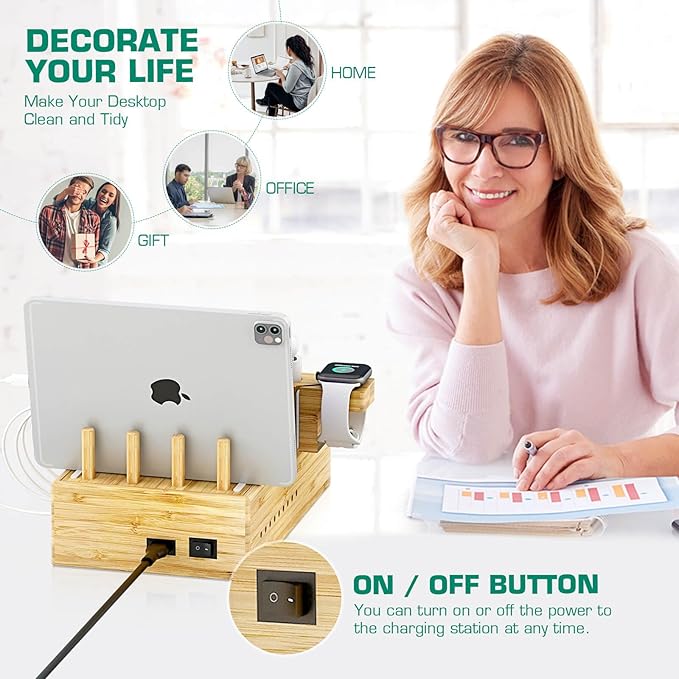 Bamboo Wireless Charging Station for Multiple Devices - Wood Docking Station Organizer, Qi Certified Fast Wireless Charger, 7 USB Charging Ports for Cellphone, Smart Watch, Earbuds, Tablet