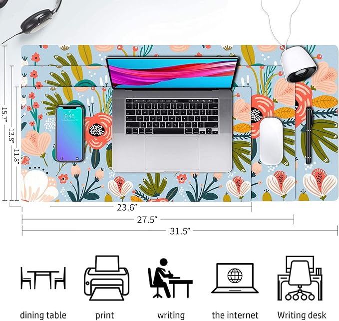 Desk Mat Large Protector Pad 23.6" ×11.8", Non-Slip PU Leather Desk Blotter, Waterproof Mouse Pad for Office Home Blue Floral