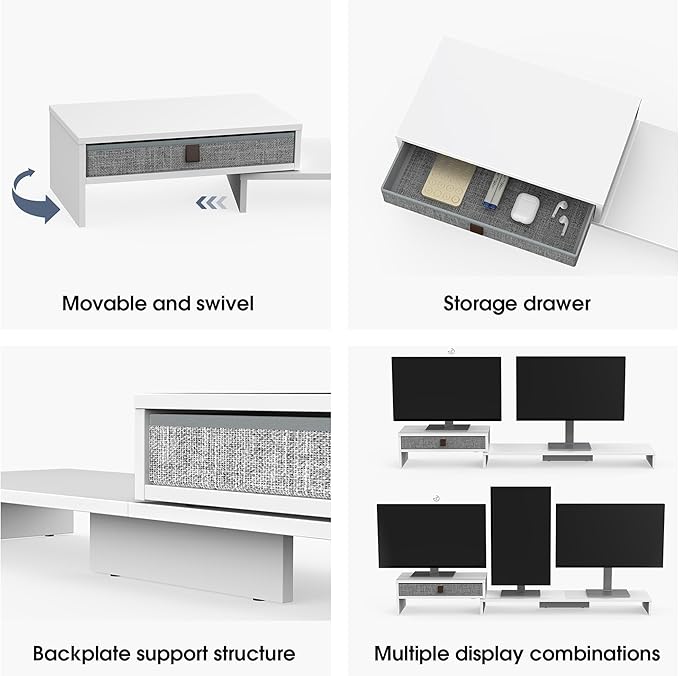 Fenge Computer Monitor Riser Stand with Drawer for 2 or 3 Monitors ,Adjustable Length and Angle Desktop Laptop Stand,Office Organizer,Printer,White