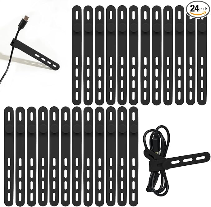 Donruby 24Pcs Silicone Cable Ties - Reusable & Washable with Locking Buckles, Adjustable Fastening Cable Management Straps, Multi-Purpose High Elasticity Cord Organizer (Black) by Donruby