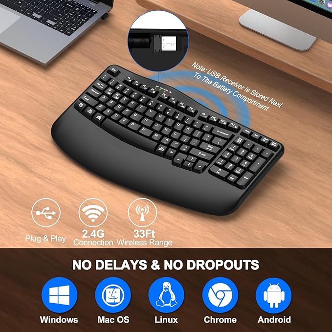 EDJO Ergonomic Wireless Keyboard with Wrist Rest, Wave Keys, Comfortable Natural Typing, 2.4GHz Ergo Wireless USB Computer Keyboard for Multi-OS, Windows, Mac OS, Laptop, PC (Black)