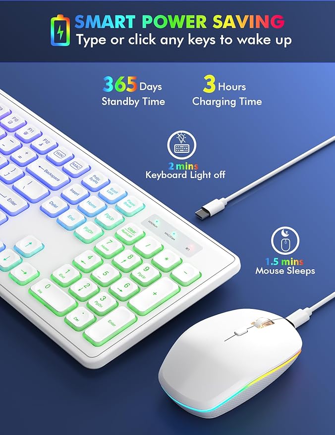 Wireless Keyboard and Mouse - RGB Backlit, Rechargeable & Light Up Letters, Full-Size, Ergonomic Tilt Angle, Sleep Mode, 2.4GHz Quiet Keyboard Mouse for Mac, Windows, Laptop, PC, Trueque(White)