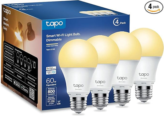 TP-Link Tapo Smart Light Bulbs, 800 Lumens (60W Equivalent), 2700K Soft Warm White LED Bulb, Dimmable, Compatible with Alexa and Google Home, No Hub Required, A19 E26, Tapo L510E (4-Pack)