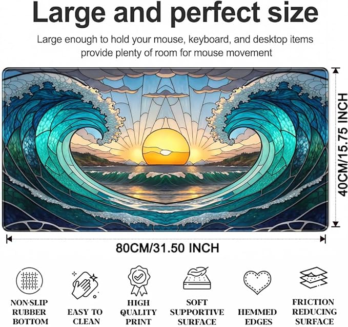 Beach Sunset Desk Mat Cute Large Mouse Keyboard Desk Pad, Aesthetic Cute Gaming Desk Keyboard Mats for Desk Pad Mat, Faux Stained Glass Sunset Mousepad Southwest Landscape Desk Pad 31.5x15.7 in
