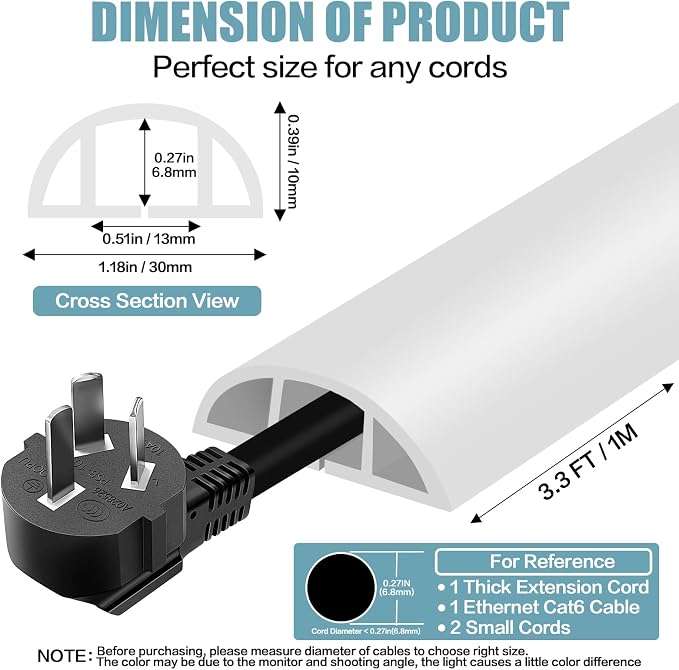 Floor Cord Cover Self Adhesive Cord Hider,3.3FT Cable Management, Extension Strip Protector for Wires, Prevent Cable Trips for Offices, Gyms, Exhibitions Cavity:0.39"(W) x 0.27"(H) White - Image 2