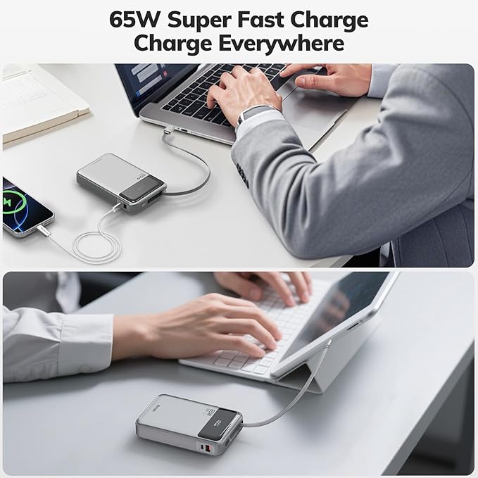 Hichain Laptop Power Bank 65W 20000mAh Portable Charger with Built-in USB-C Cable, 3-Port Fast Charging Battery Pack for MacBook iPhone 17 16/15 Series Android Switch Travel Essential Silver