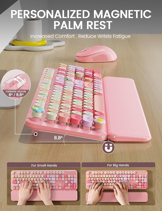 Wireless Keyboard and Mouse Combo, Typewriter Keyboard with Detachable Wrist Rest, Full-Size Retro Round Keycaps, Smart-Sleep, 2.4GHz Stable Connection for Mac/Windows/PC, Trueque(Rose Quartz Pink)