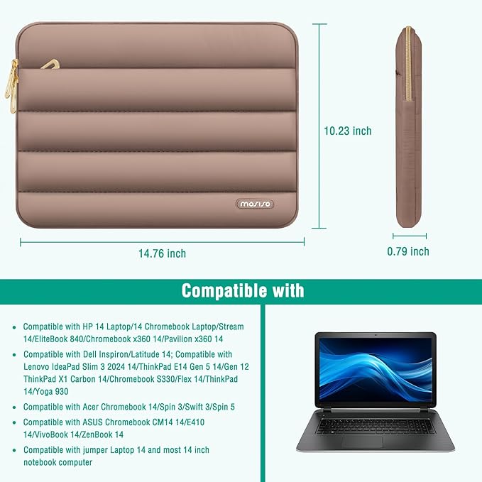 MOSISO Laptop Case 14 inch, 14 inch Puffy Laptop Sleeve Compatible with HP Lenovo Dell ASUS Acer, HP Stream, Dell Latitude, Lenovo IdeaPad, Polyester Horizontal Bag with Small Case, Brown