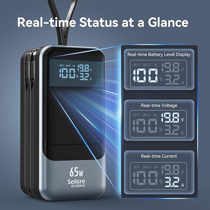 Fast Charging Power Bank 18400mAh 65W Portable Laptop Charger, LCD Display, Travel Essential Battery Pack with Built-in USB-C & Lightning Cables for iPhone 16/15/14/13/12 MacBook Samsung