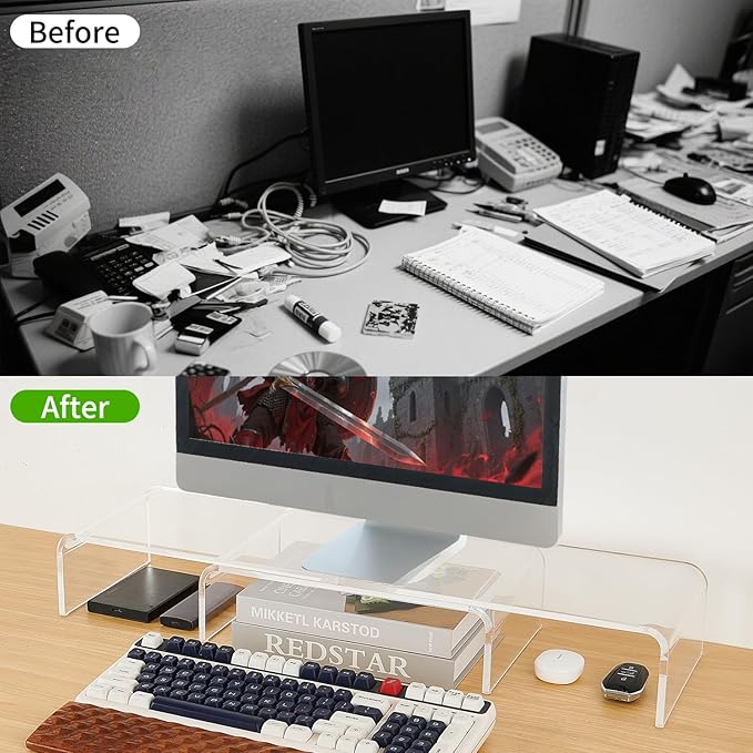 LEKETREE Acrylic Monitor Stand , Clear Monitor Stand for Desk, Computer Accessories for Home Office, Desk Organizer Shelf for Laptop, PC, Multi Media and more