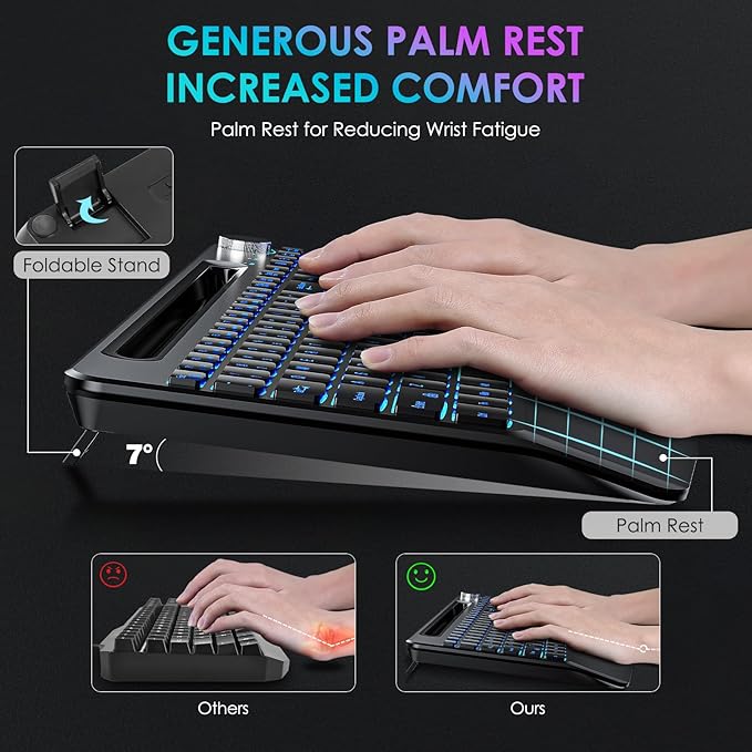 JOMAA 2.4G Wireless Silent Keyboard, Rechargeable,with 7 Colored Backlits &Phone Holder &Wrist Rest,Lighted up Full Size Keyboard for Mac Windows Laptop PC