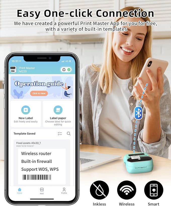 Phomemo M220 Label Maker - 3.14” Bluetooth Thermal Label Printer for Address, Barcode & Product Label, Portable Small Printer Compatible with Phone, Tablet & PC