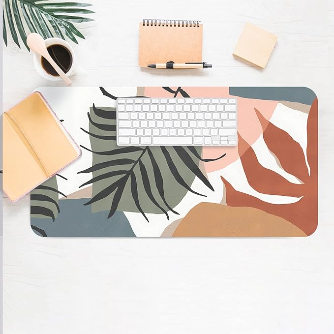 Desk Mat Large Protector Pad 23.6" ×11.8", Non-Slip PU Leather Desk Blotter, Waterproof Mouse Pad for Office Home Abstract Leaf