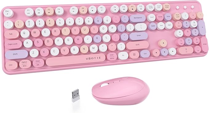 UBOTIE Colorful Computer Wireless Keyboard Mice Combo, Retro Typewriter Flexible Keys Office Full-Sized Keyboard, 2.4GHz Dropout-Free Connection and Optical Mouse (Pink-Colorful)