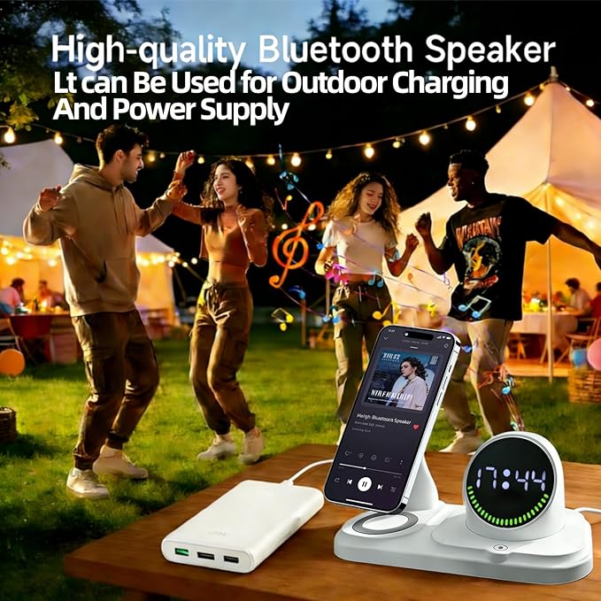 6 in 1 Wireless Charger i-Phone Charging Station: Stand for Multiple Devices for Apples - Compatible i-Phone 17 16 15 14 13 Pro Max Apples Watch Airpods, Design with Wireless Speaker & Clock (White)