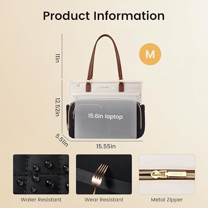 LOVEVOOK Tote Bag, Work Bags for Women with Large Cup Holder, Large Capacity Teacher Tote with Multi Pockets, Nurse Diaper Tote with Padded Laptop Compartment, 15.6 Inch Khaki Beige