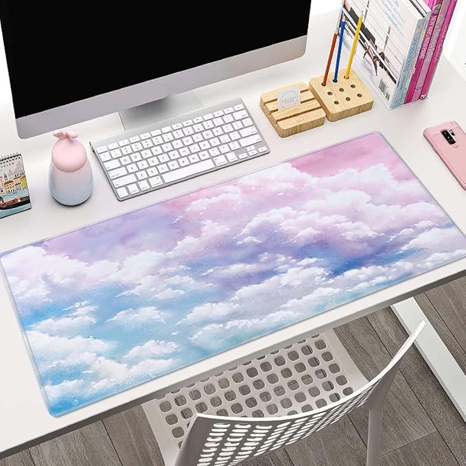 Cute Watercolor Pastel Sky Mouse Pad (31.5 × 11.8 × 0.12 inch) Extended Large Mouse Mat Desk Pad, Stitched Edges Mousepad,Non-Slip Rubber Base,Gaming Mouse Pad XL