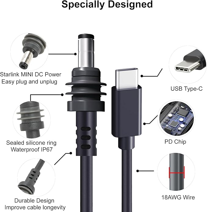 Starlink Mini USB C to DC Power Cable, 32ft Starlink Mini Type-C to DC Power Cable, PD 20V Type-C Input to DC Male Output Waterproof, Compatible 65W+ PD 20V Protocol Power Supply/Source(10M)
