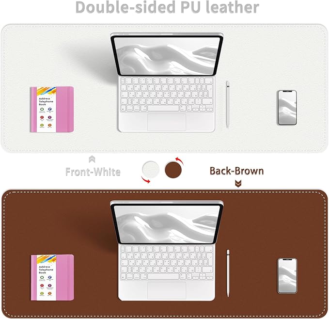 Bleswin Multifunctional Large Desk Mat, Double Sided Computer Desk pad, Extended Mouse Mat, Office Desk Protector with Waterproof PU Leather, 35.4''×16.9'', Office Home Writing Pad (White+Brown)