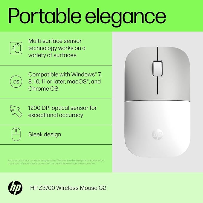 HP Z3700 G2 Wireless Mouse - White, Sleek Portable Design fits Comfortably Anywhere, 2.4GHz Wireless Receiver, Blue Optical Sensor, for Wins PC, Laptop, Notebook, Mac, Chromebook (681S1AA#ABL)