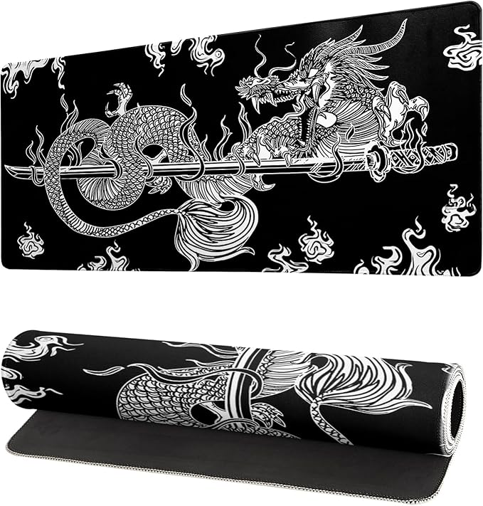Dragon Gaming Mouse Pad Black Large Mouse Pad for Keyboard and Mousepad Desk Mat with 3mm Non-Slip Base and Stitched Edge for Gaming and Office Computer Mat Protector Mat 27.6x11.8 Inch