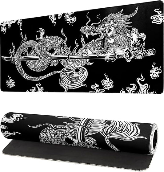 Dragon Gaming Mouse Pad Black Large Mouse Pad for Keyboard and Mousepad Desk Mat with 3mm Non-Slip Base and Stitched Edge for Gaming and Office Computer Mat Protector Mat 27.6x11.8 Inch