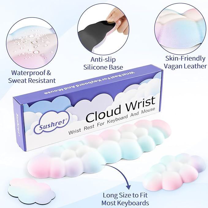 Sushret Cloud Wrist Rest Keyboard, Cloud Keyboard Wrist Pad Set with PU Leather Memory Foam, Cute Arm Rest for Palm Support, PC/Gaming Desk Accessories/Office Setup/Computer Hand Cushion - Rainbow