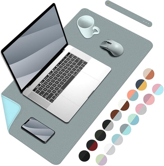 Bleswin Double-Sided Desk Mat, 23.6''×13.8'', PU Leather Mouse Pad, Waterproof Desk Pad, Laptop Leather Desk Mat, Protector for Keyboard and Mouse for Office and Home (Grey+Light Blue)
