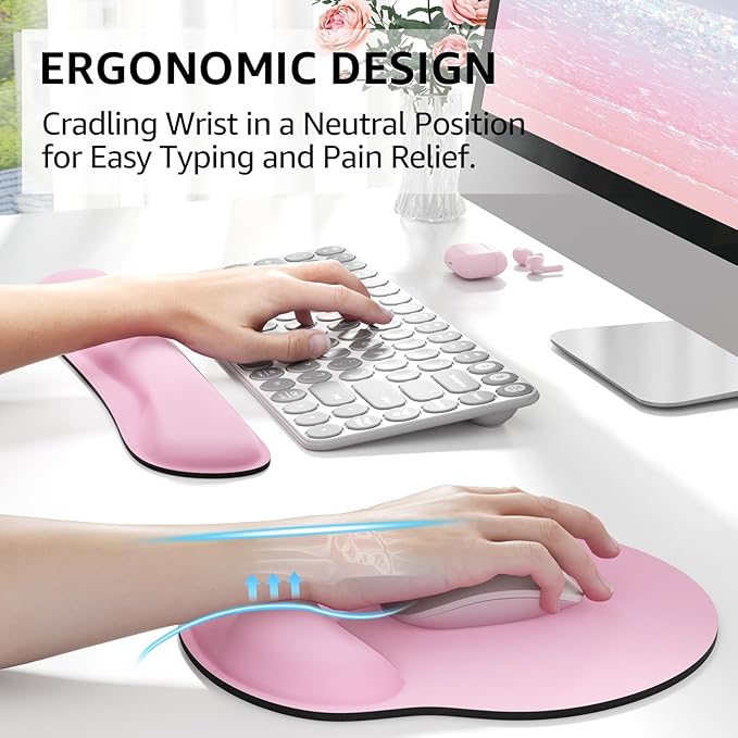 KTRIO Ergonomic Keyboard Wrist Rest and Mouse Pad with Wrist Rest Set, Memory Foam Wrist Support for Typing, Gaming, Office and Home Use, Pale Pink