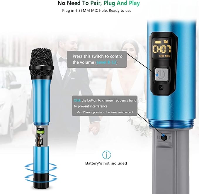 Wireless Microphone, Bietrun UHF Metal Dual Handheld Cordless Dynamic Mic System with Rechargeable Receiver, 1/4‘’Output, for Karaoke, Church, Speech, Wedding, Party Singing(160 ft Range)-Auto Connect