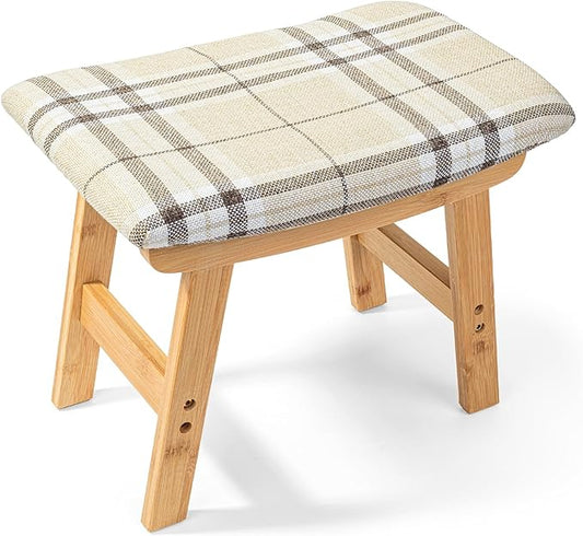 BAMBOO LAND- Bamboo Foot Stools Ottoman, Stripes Beige Cushion & Natural Wood Legs, Small Ottoman Foot Rest for Couch