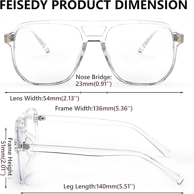 FEISEDY Blue Light Blocking Glasses Fake Nerd Clear Square Computer Lightweight Pilot Glasses Frame Oversized B2866