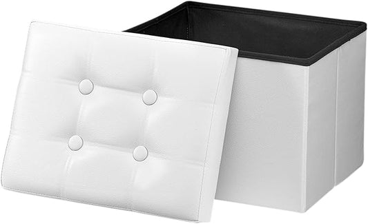 Bsketa Folding Storage Ottoman, Foot Stool with Thicker Foam Padded Seat Small Leather Storage Ottoman Bench Foot Rest for Living Room Foldable Coffee Table 17x13x13in,White