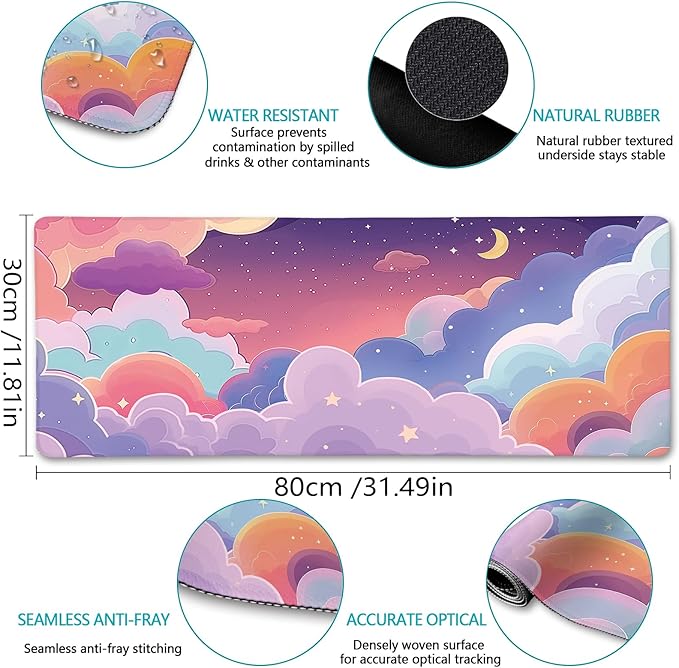 Purple Cloud Mouse Pad Large Desk Mat, Kawaii Purple Computer Mousepad with Stitched Edges Non-Slip, Keyboard Mouse Pad for Desktop Cute Office Supplies Desk Decor Accessories 31.5x11.8 in