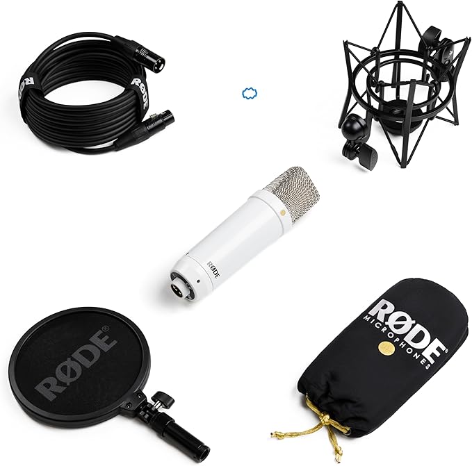 RØDE NT1 Signature Series Large-Diaphragm Condenser Microphone with Shock Mount, Pop Filter and XLR Cable for Music Production, Vocal Recording, Streaming and Podcasting (White)